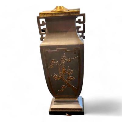 Asian Style Metal And Brass Table Lamp Cherry Blossom Overlay