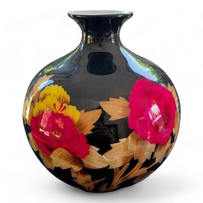 Vibrant Chinese Vase Black High Gloss Finish Pink And Gold Floral Pattern With Gold Characters