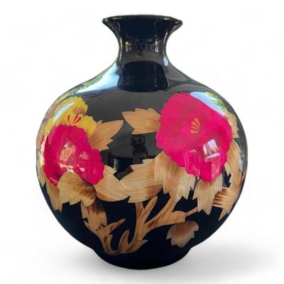 Vibrant Chinese Vase Black High Gloss Finish Pink And Gold Floral Pattern With Gold Characters