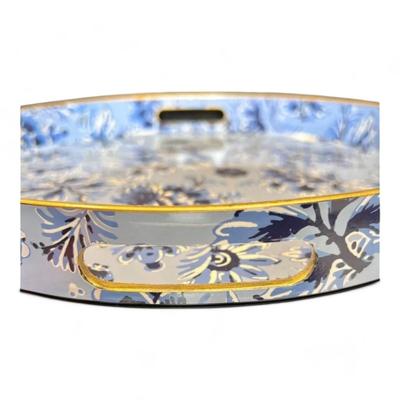 Round Decorative Serving Tray Blue And White Chinoiserie Floral Pattern Brand New