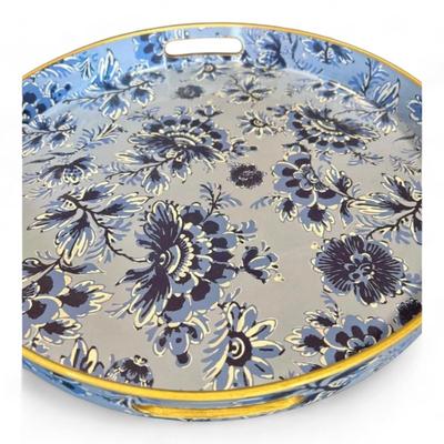 Round Decorative Serving Tray Blue And White Chinoiserie Floral Pattern Brand New