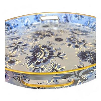 Round Decorative Serving Tray Blue And White Chinoiserie Floral Pattern Brand New