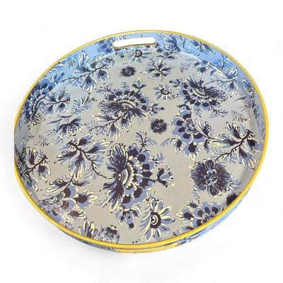 Round Decorative Serving Tray Blue And White Chinoiserie Floral Pattern Brand New