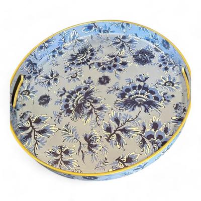 Round Decorative Serving Tray Blue And White Chinoiserie Floral Pattern Brand New