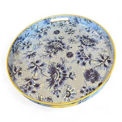 Round Decorative Serving Tray Blue And White Chinoiserie Floral Pattern Brand New