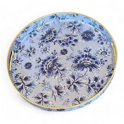 Round Decorative Serving Tray Blue And White Chinoiserie Floral Pattern Brand New