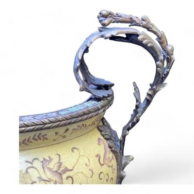 Vintage Chinese Hand Painted Signed Porcelain And Bronze Ormulu Cache Pot Jardiniere