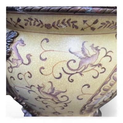 Vintage Chinese Hand Painted Signed Porcelain And Bronze Ormulu Cache Pot Jardiniere