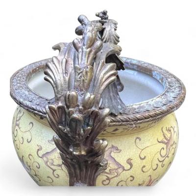 Vintage Chinese Hand Painted Signed Porcelain And Bronze Ormulu Cache Pot Jardiniere