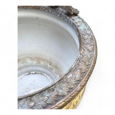 Vintage Chinese Hand Painted Signed Porcelain And Bronze Ormulu Cache Pot Jardiniere