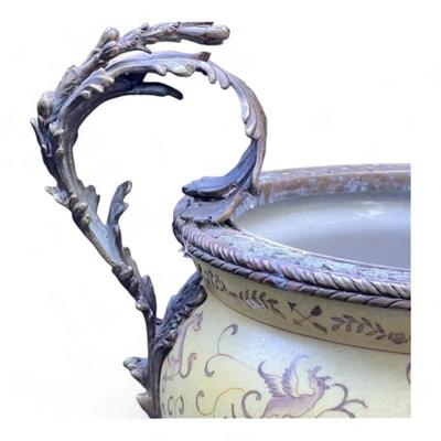 Vintage Chinese Hand Painted Signed Porcelain And Bronze Ormulu Cache Pot Jardiniere