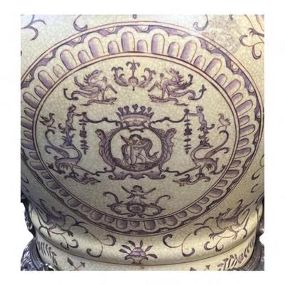 Vintage Chinese Hand Painted Signed Porcelain And Bronze Ormulu Cache Pot Jardiniere