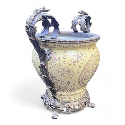 Vintage Chinese Hand Painted Signed Porcelain And Bronze Ormulu Cache Pot Jardiniere