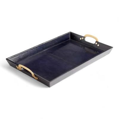 High End Luxury Navy Blue Leather Tray With Brass Handles Manner Of Ralph Lauren