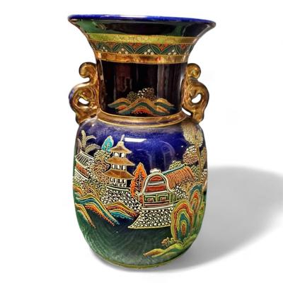 Pair Of Vintage Asian Dark Blue Enamel Vases Hand Painted Pagoda Motif