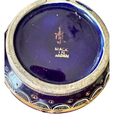 Pair Of Vintage Asian Dark Blue Enamel Vases Hand Painted Pagoda Motif
