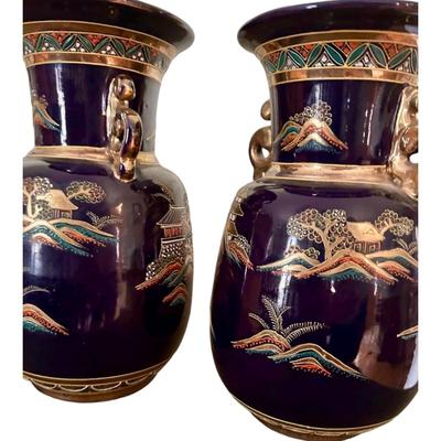 Pair Of Vintage Asian Dark Blue Enamel Vases Hand Painted Pagoda Motif