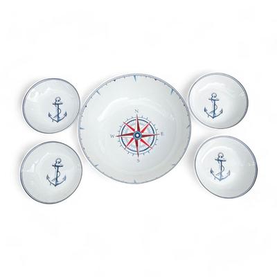 Limited Edition Williams Sonoma White Nautical Maritime Compass Serve Bowl Set 1 Large Bowl & 4 Small Bowls, Brand New