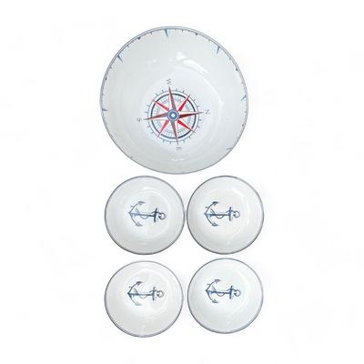 Limited Edition Williams Sonoma White Nautical Maritime Compass Serve Bowl Set 1 Large Bowl & 4 Small Bowls, Brand New