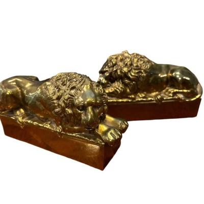 A Pair Of Cast Brass Lion Bookends After Antonio Canova (1757-1822)