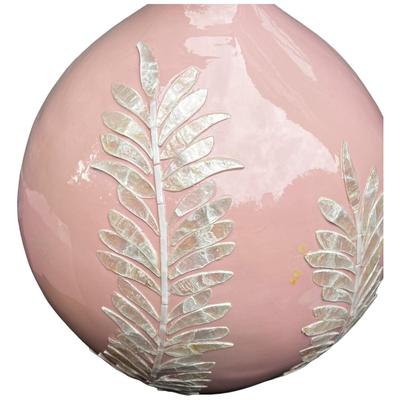 Lacquer Pink Round Decorative Resin And Capiz Shell Vase Urn