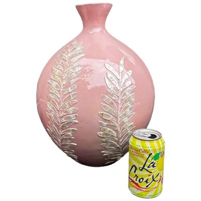 Lacquer Pink Round Decorative Resin And Capiz Shell Vase Urn