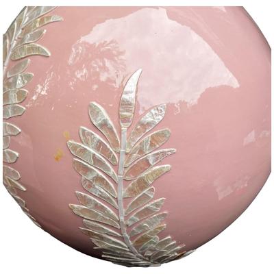 Lacquer Pink Round Decorative Resin And Capiz Shell Vase Urn