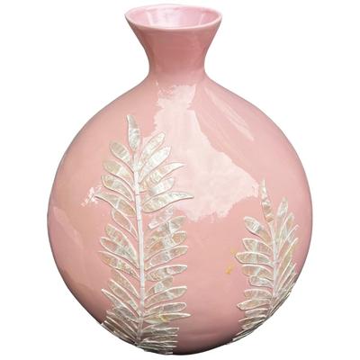 Lacquer Pink Round Decorative Resin And Capiz Shell Vase Urn
