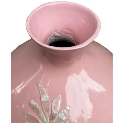 Lacquer Pink Round Decorative Resin And Capiz Shell Vase Urn