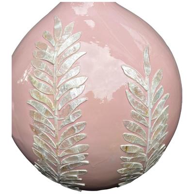 Lacquer Pink Round Decorative Resin And Capiz Shell Vase Urn