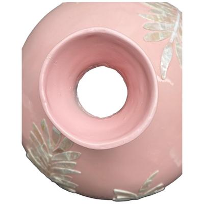 Lacquer Pink Round Decorative Resin And Capiz Shell Vase Urn
