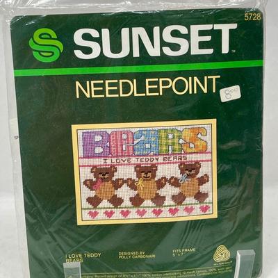 Vintage Sunset needlepoint I love teddy bears kit, new and package