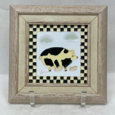 Framed Ceramic Tile: Black & White Pig and Piglets