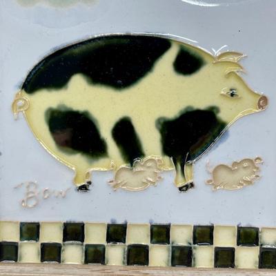 Framed Ceramic Tile: Black & White Pig and Piglets