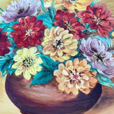 Oil on Canvas Still Life: Flowers in Bowl signed