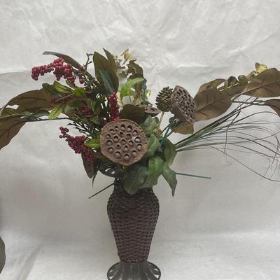 Rattan & Metal Vase with Faux Floral Arrangements