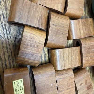 Teak Napkin Rings and 4 Pottery Bowls