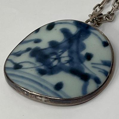 925 Silver 30" Chain Flow Blue Porcelain Pendant Necklace