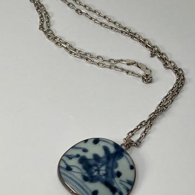 925 Silver 30" Chain Flow Blue Porcelain Pendant Necklace