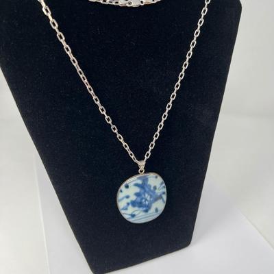925 Silver 30" Chain Flow Blue Porcelain Pendant Necklace
