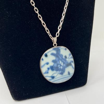 925 Silver 30" Chain Flow Blue Porcelain Pendant Necklace