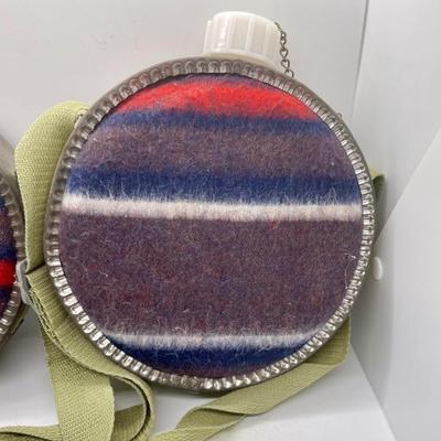 Pair of Vintage Western Wool Blanket Covered Metal Canteens
