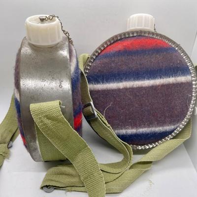 Pair of Vintage Western Wool Blanket Covered Metal Canteens