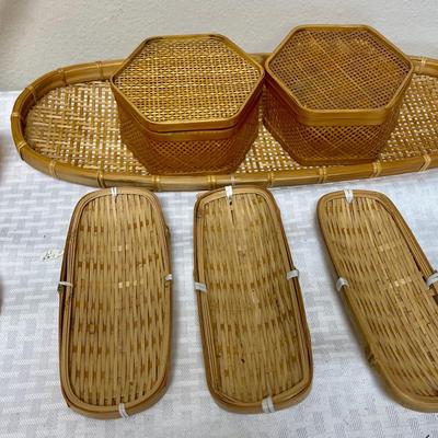 Rattan Lot - Fans, trays, boxes, basket