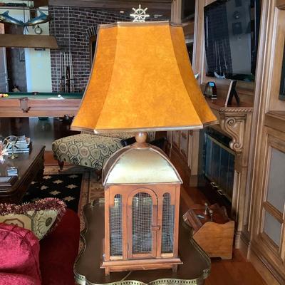 509 Vintage Wood and Metal Birdcage Lamp with Faux Leather Shade