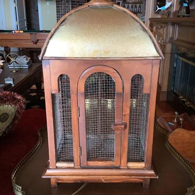 509 Vintage Wood and Metal Birdcage Lamp with Faux Leather Shade