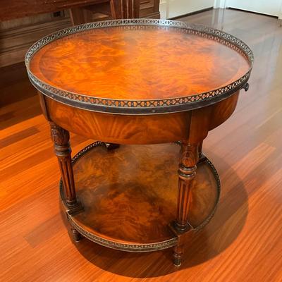 513 Theodore Alexander Round Brass Gallery Top Single Drawer Table