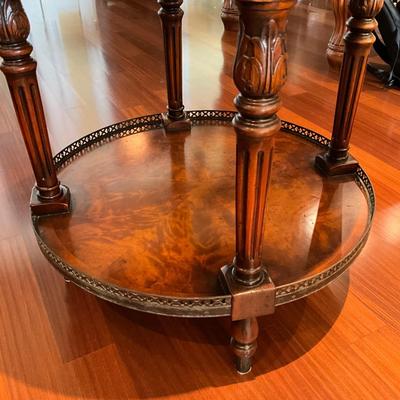 513 Theodore Alexander Round Brass Gallery Top Single Drawer Table
