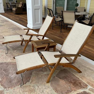529 Pair of Gloster Teak 2-pc Sling Lounge Chair with Teak Table