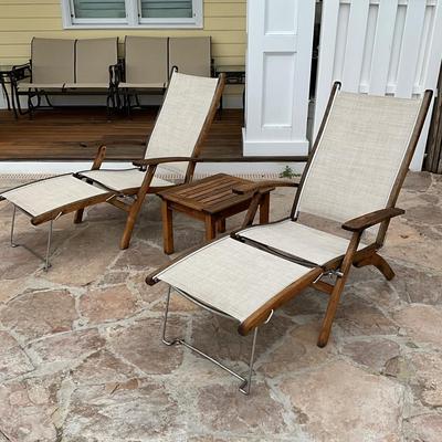 530 Pair of Gloster Teak 2-pc Sling Lounge Chair with Teak Table